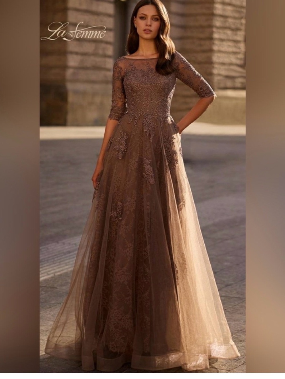 La Femme NWT Cocoa Floral Lace Evening Maxi Ball Gown Dress Size 4 #28036